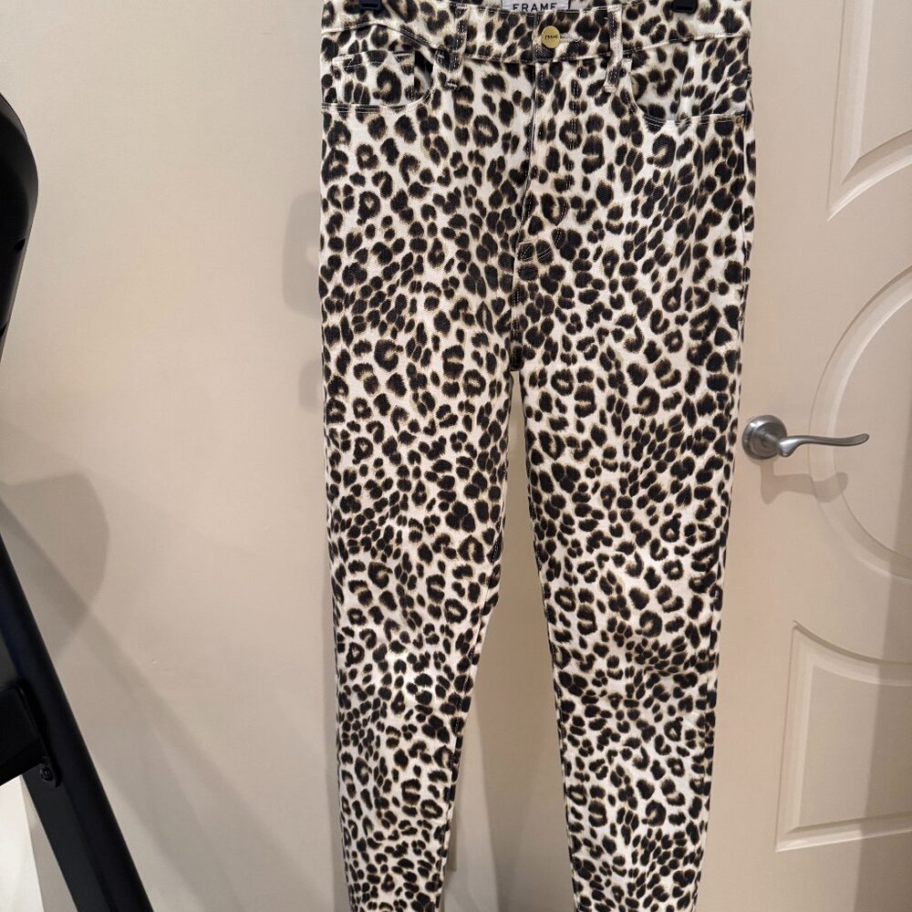Frame Ali High Rise Cigarette Jeans in Beige Multi Animal Print